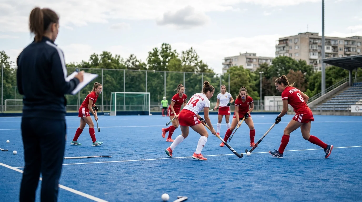 Български състезателки по хокей на трева на тренировка на синя AstroTurf настилка