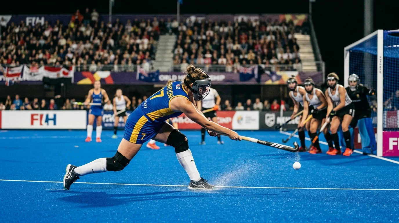 Играч на хокей на трева изпълнява drag flick по време на мач от FIH Pro League