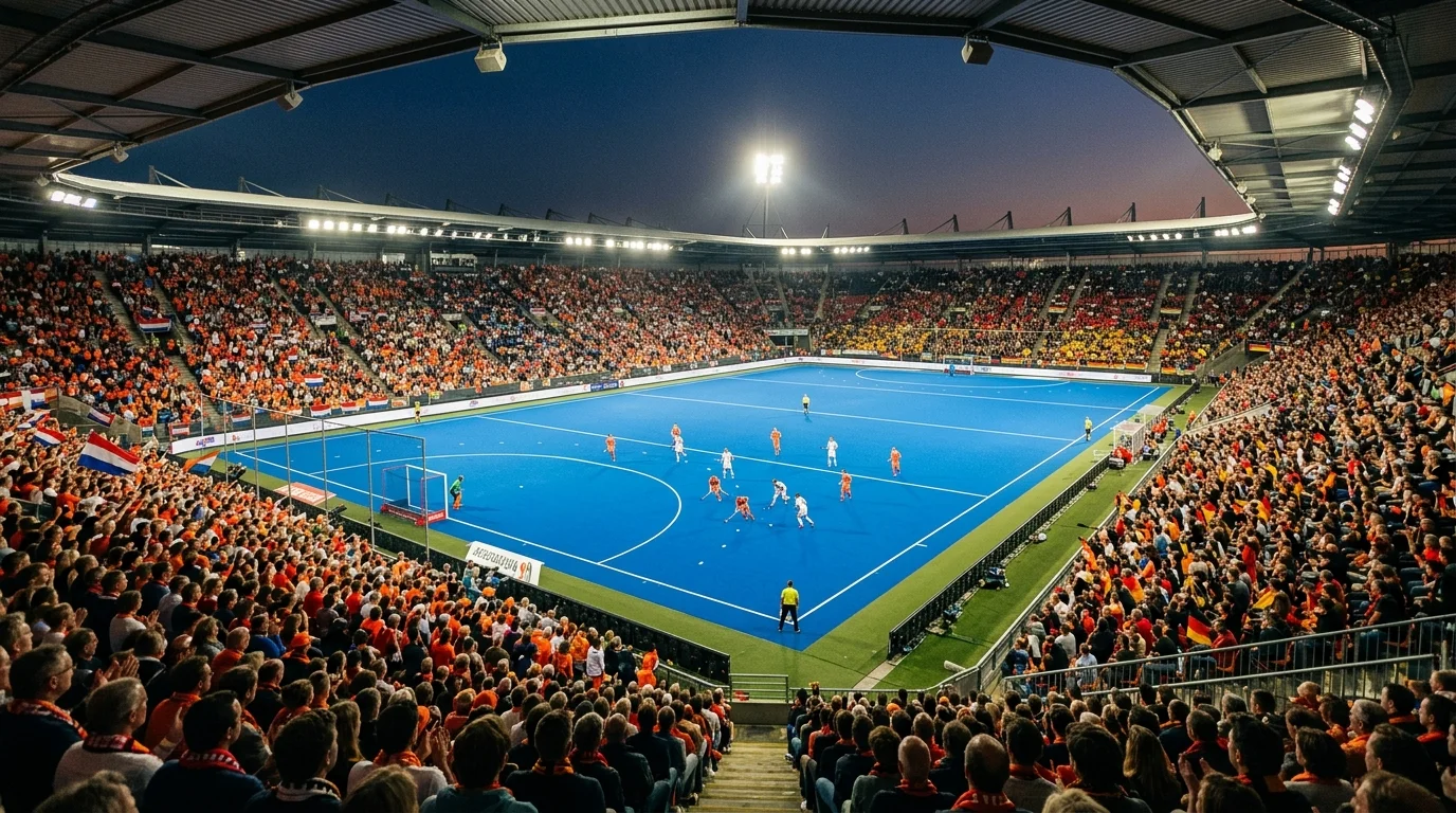 Стадион на FIH Pro League с пълни трибуни по време на мач Холандия срещу Германия