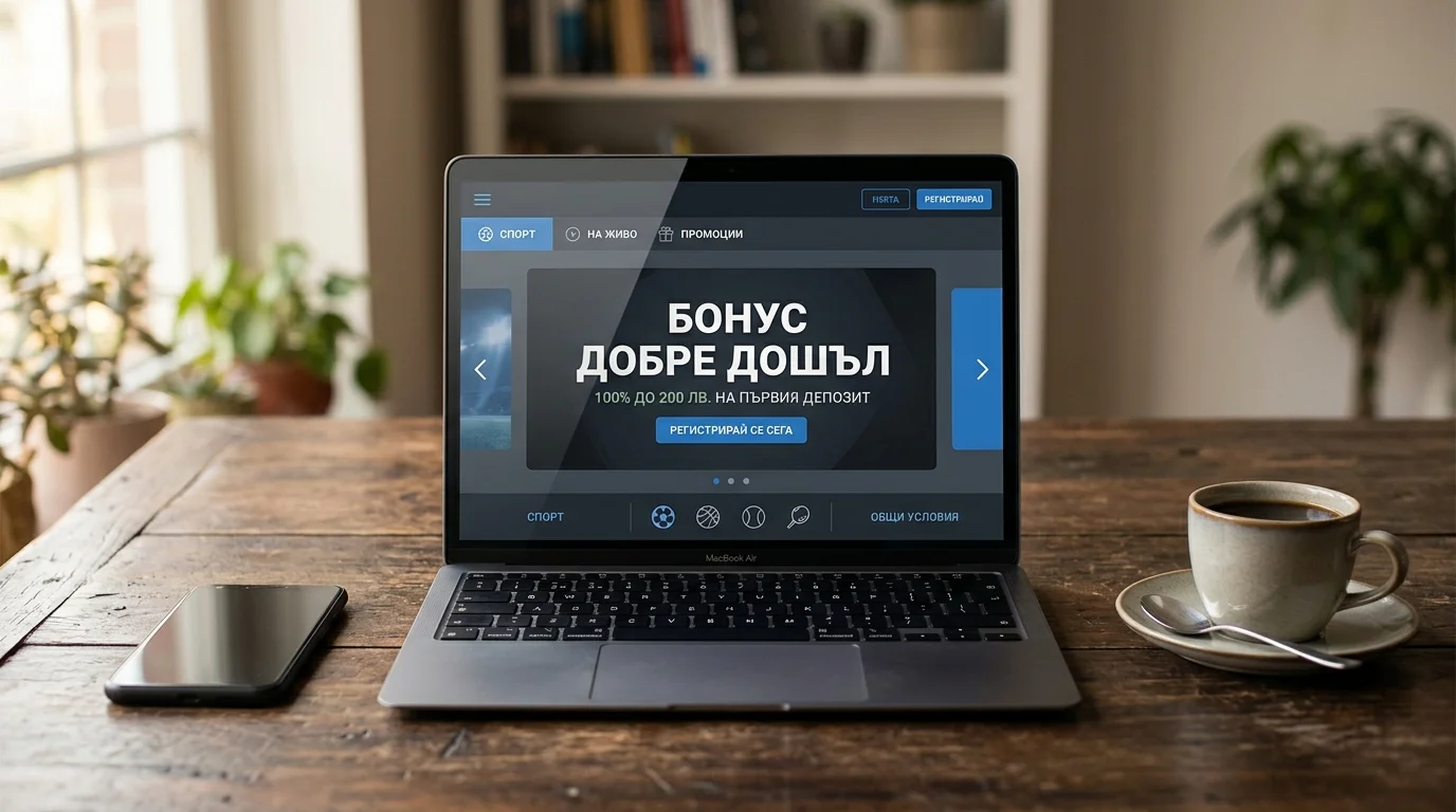 Екран на букмейкър с промоция welcome бонус, отворен на лаптоп